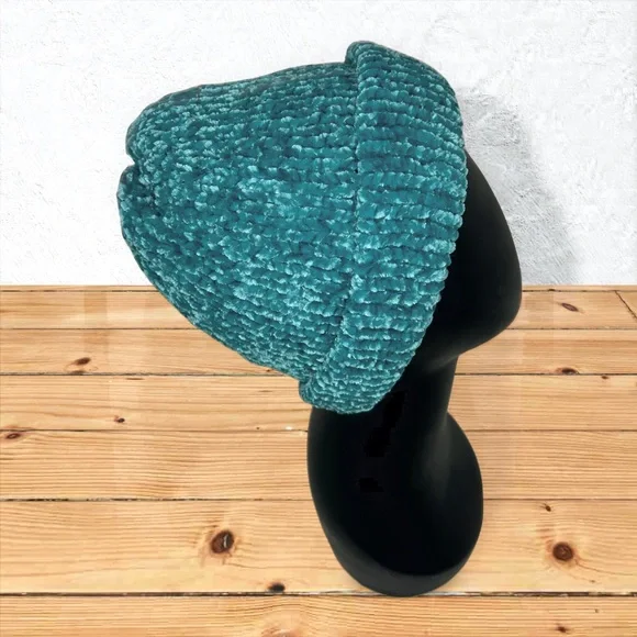 Handmade Super Soft Velvet Knit Beanie Handcrafted Hat Teal - Picture 4 of 11